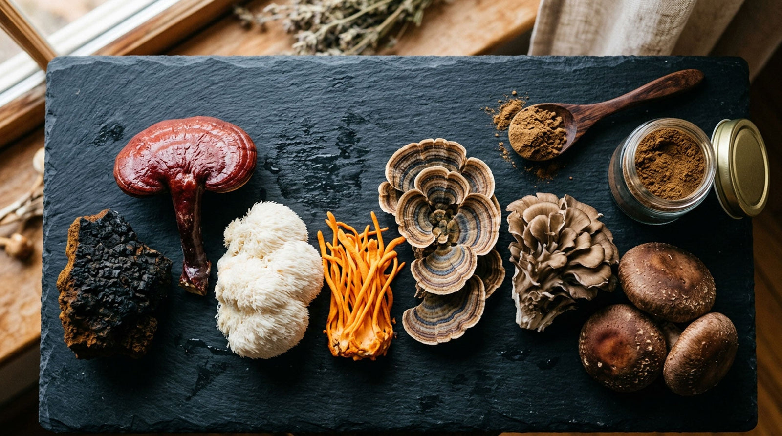 7 vitálnych húb — Čaga, Reishi, Hericium, Cordyceps, Coriolus, Maitake, Shiitake — plochá kompozícia na bridlici