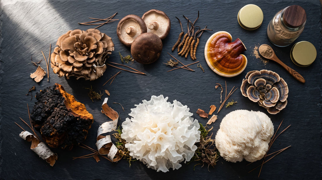 8 vitálnych húb — Čaga, Reishi, Hericium, Cordyceps, Coriolus, Maitake, Shiitake, Tremella — plochá kompozícia na bridlici
