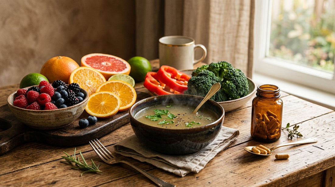 Potraviny podporujúce tvorbu kolagénu — citrusy, bobule, paprika a vývar — vedľa kapsúl vitálnych húb