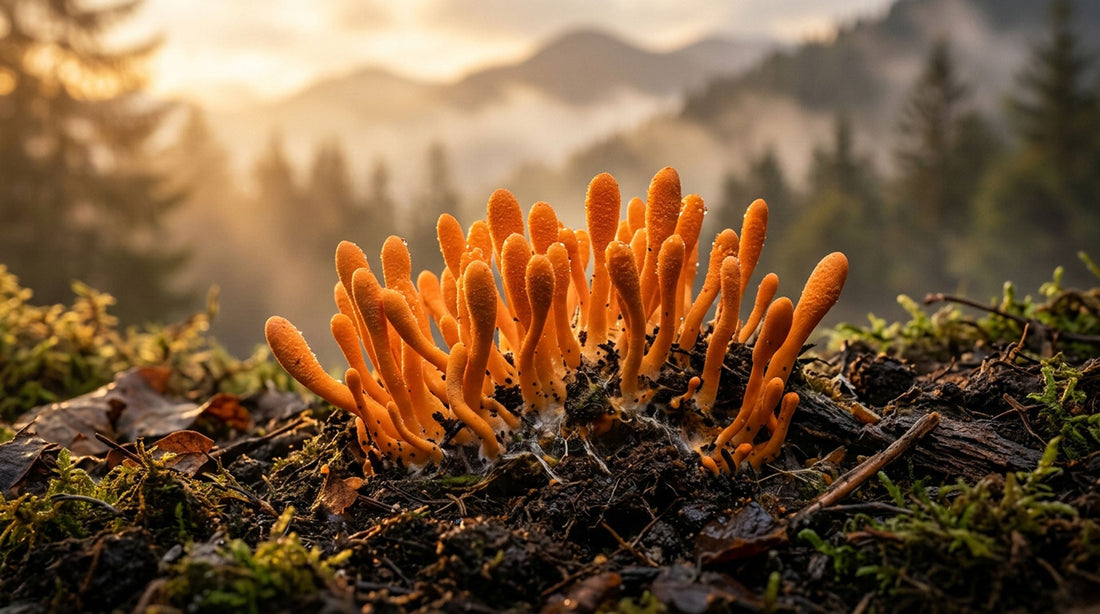 Cordyceps sinensis — oranžové plodnice rastúce z kukly hmyzu na tmavom podklade v horskom prostredí