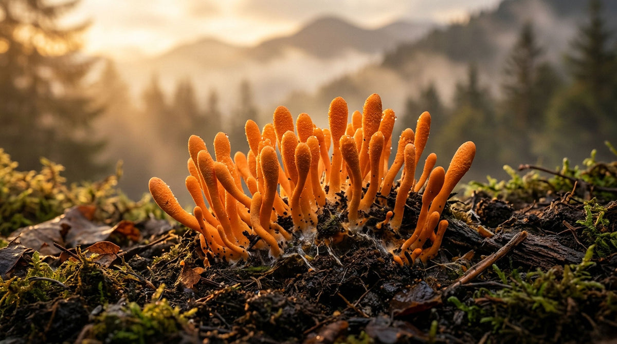 Cordyceps sinensis — oranžové plodnice rastúce z kukly hmyzu na tmavom podklade v horskom prostredí