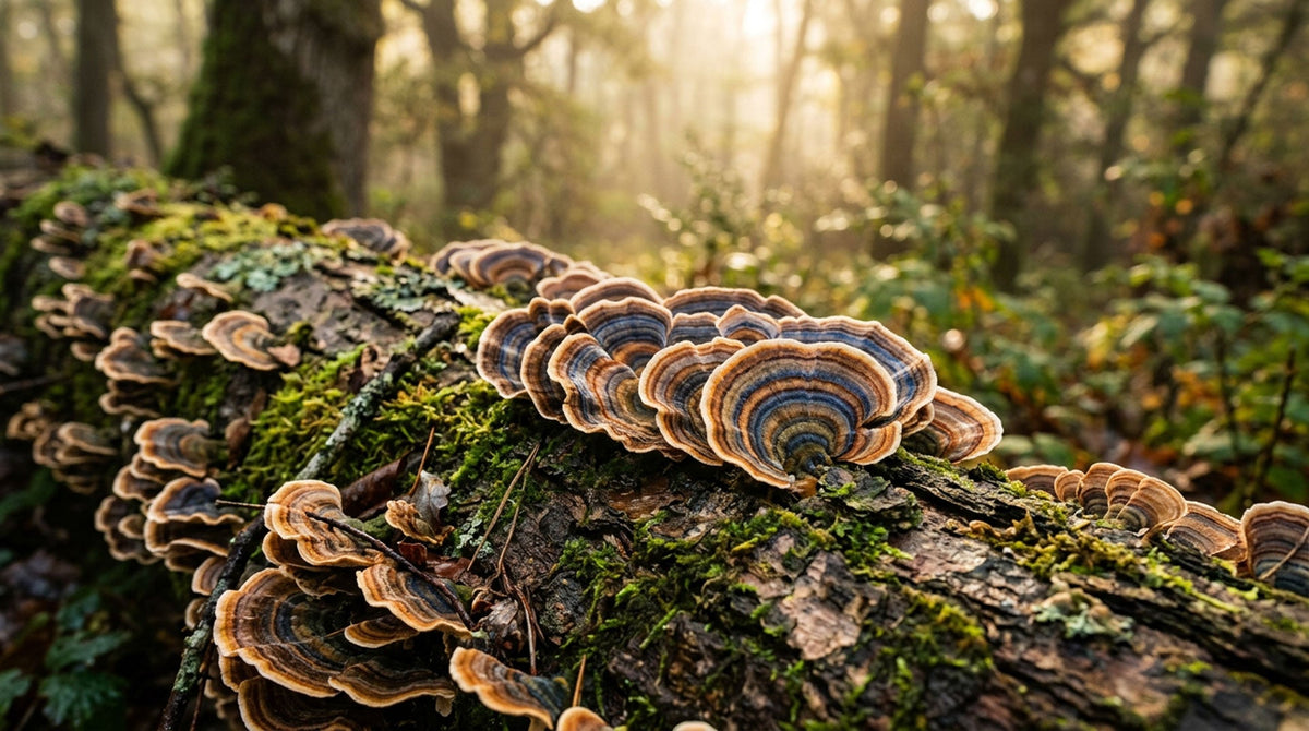 Coriolus versicolor — farebné vejárovité plodnice Turkey Tail na mŕtvom dubovom kmeni v lese