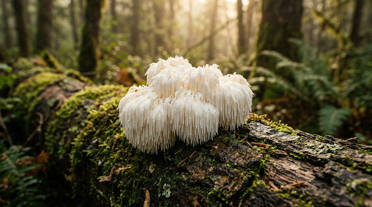 Hericium erinaceus — biela huba Levia hriva s kaskádovitými ihlicami rastúca na dubovom kmeni