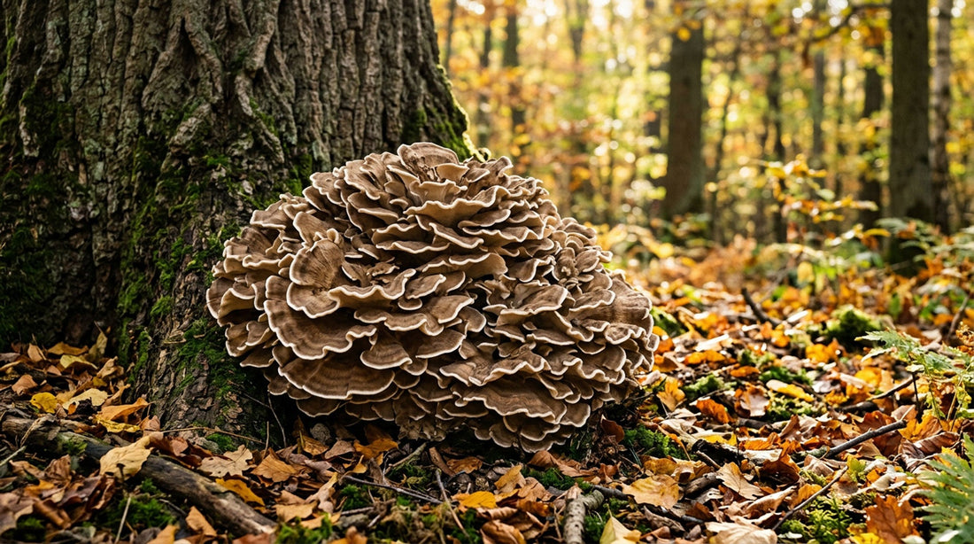 Maitake — mohutné strechovité trsy „tancujúcej huby\" na päte duba v lese