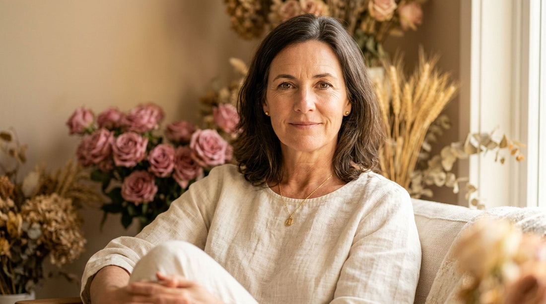Žena nad 45 s pokojným výrazom — symbol prechodu menopauzou ako obdobia transformácie