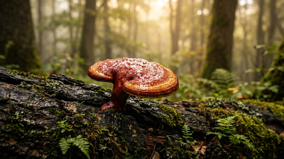 Reishi huba — lesklý červený klobúk Ganoderma lucidum na machovom dubovom kmeni