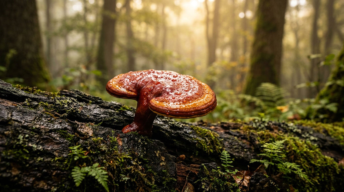 Reishi huba — lesklý červený klobúk Ganoderma lucidum na machovom dubovom kmeni