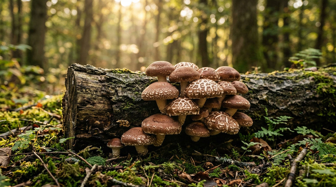 Shiitake (Lentinula edodes) — čerstvé plodnice s typickými hnedými klobúčikmi na dubovom dreve