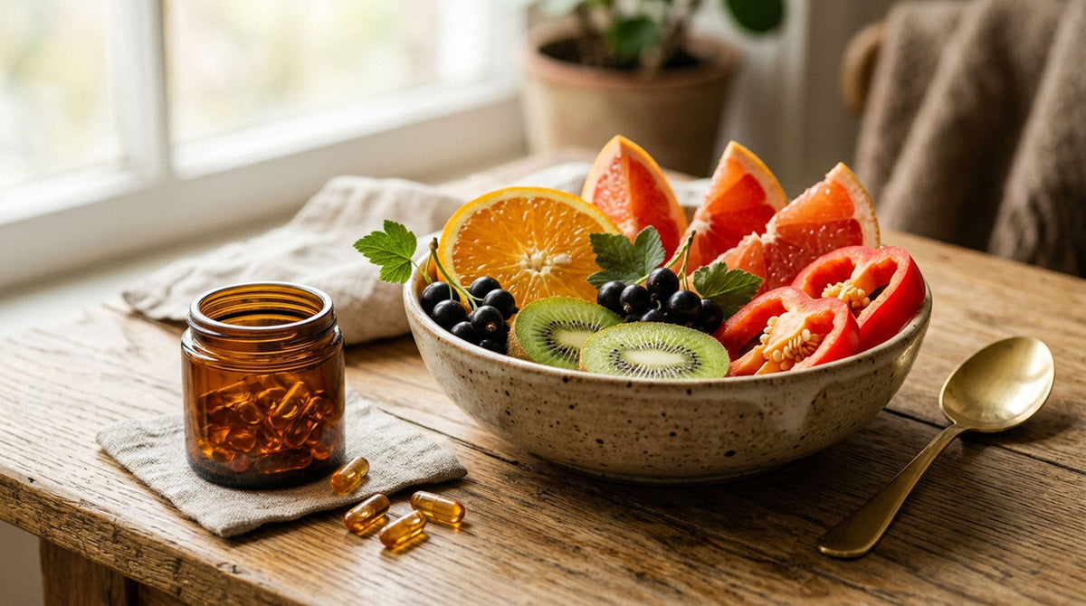 Misa citrusov a čerstvého ovocia vedľa kapsúl vitálnych húb — vitamín C a huby ako dvojica pre imunitu